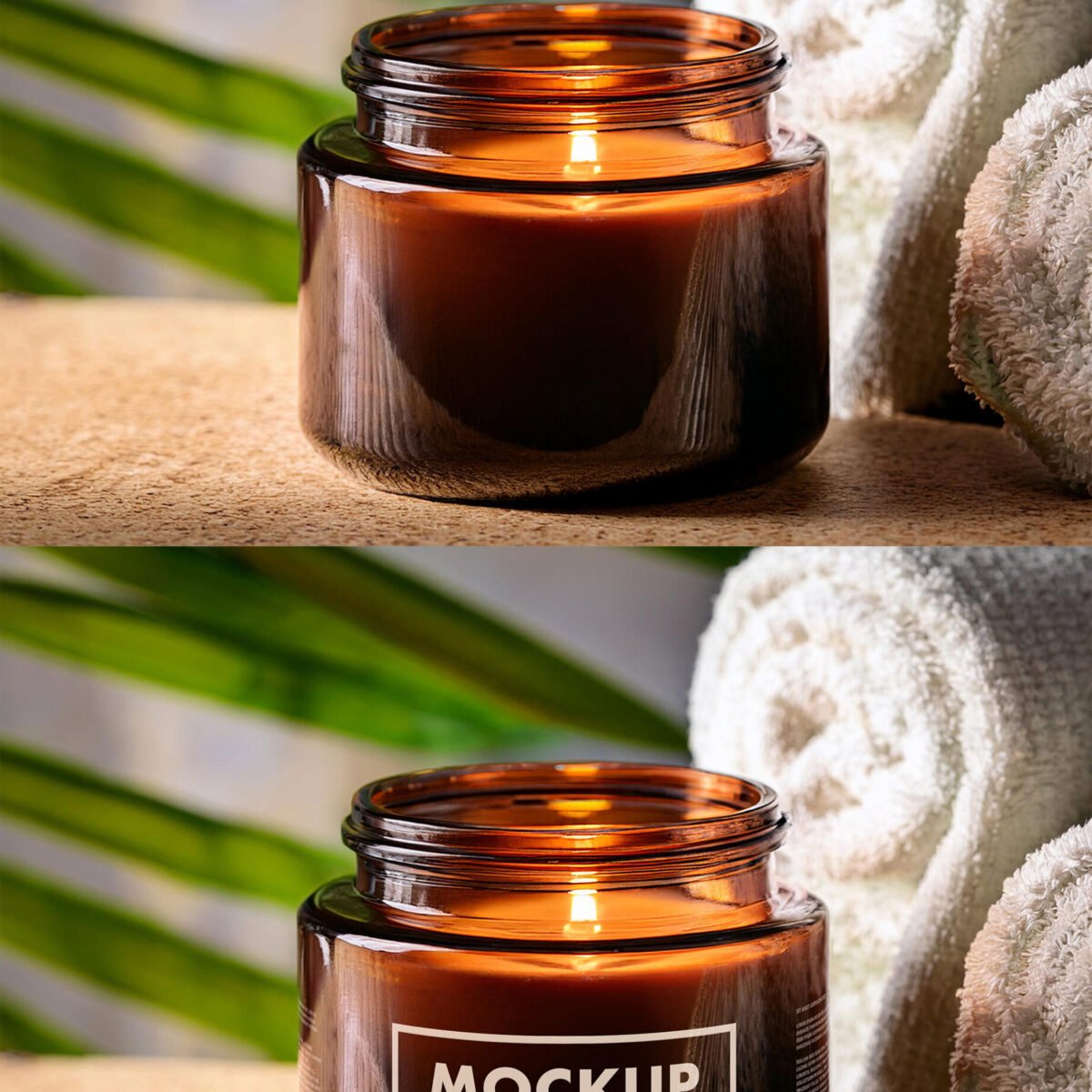 Aromatic Amber Glass Candle Jar Mockup In A Spa With Towels