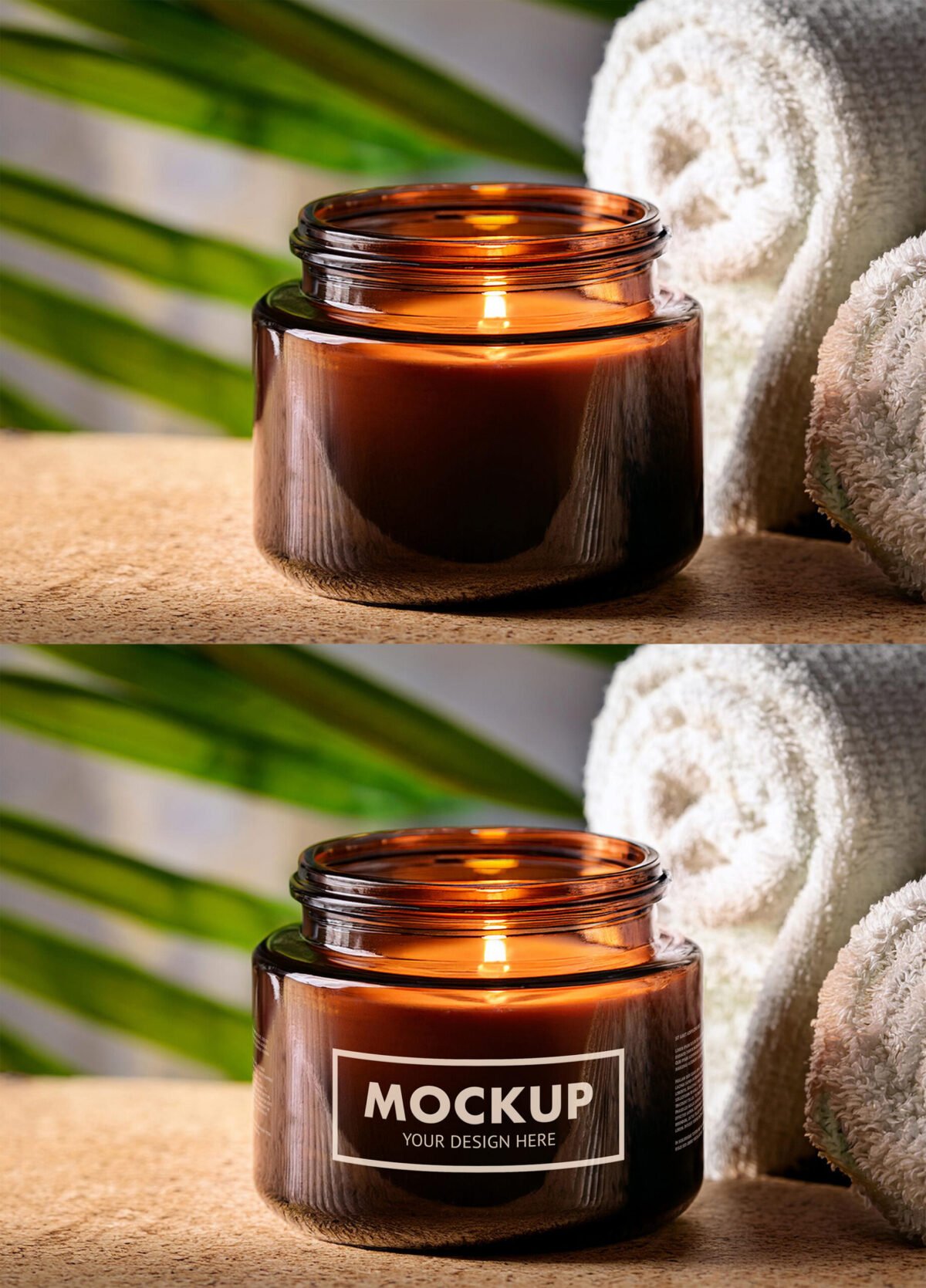Aromatic Amber Glass Candle Jar Mockup In A Spa With Towels