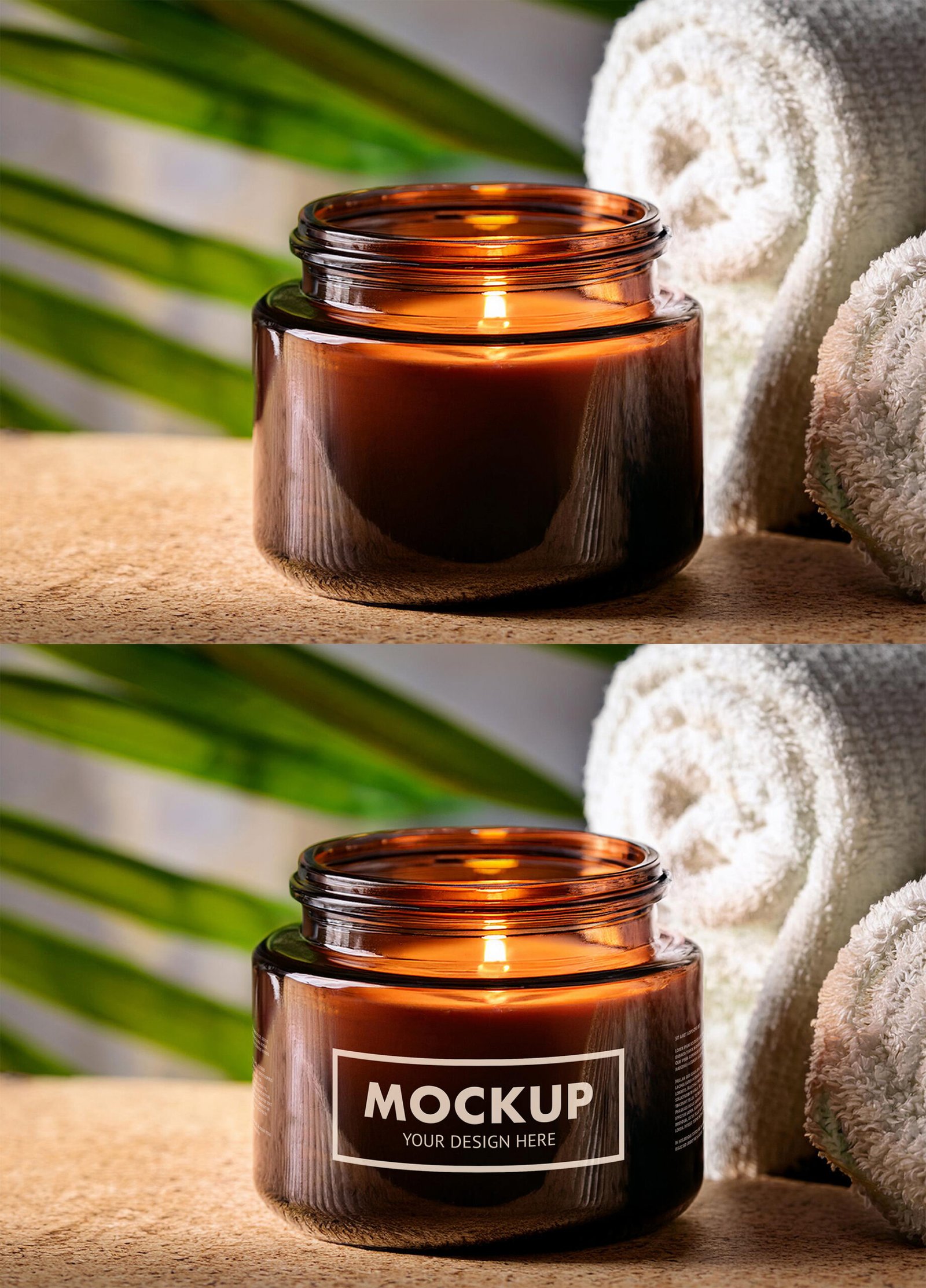 Aromatic Amber Glass Candle Jar Mockup In A Spa With Towels