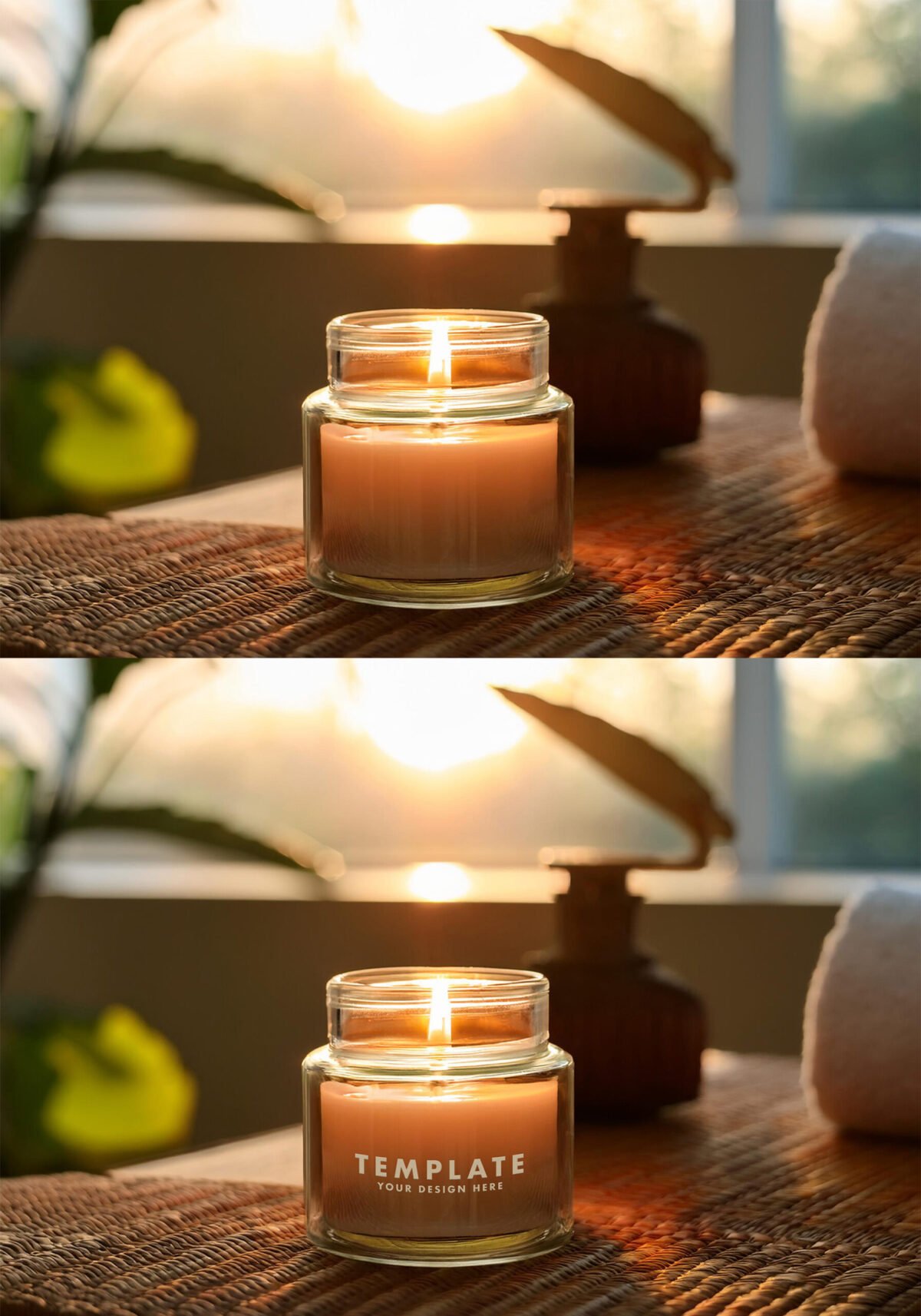 Aromatic Candle Jar Mockup in a Spa in the Sunrise Light