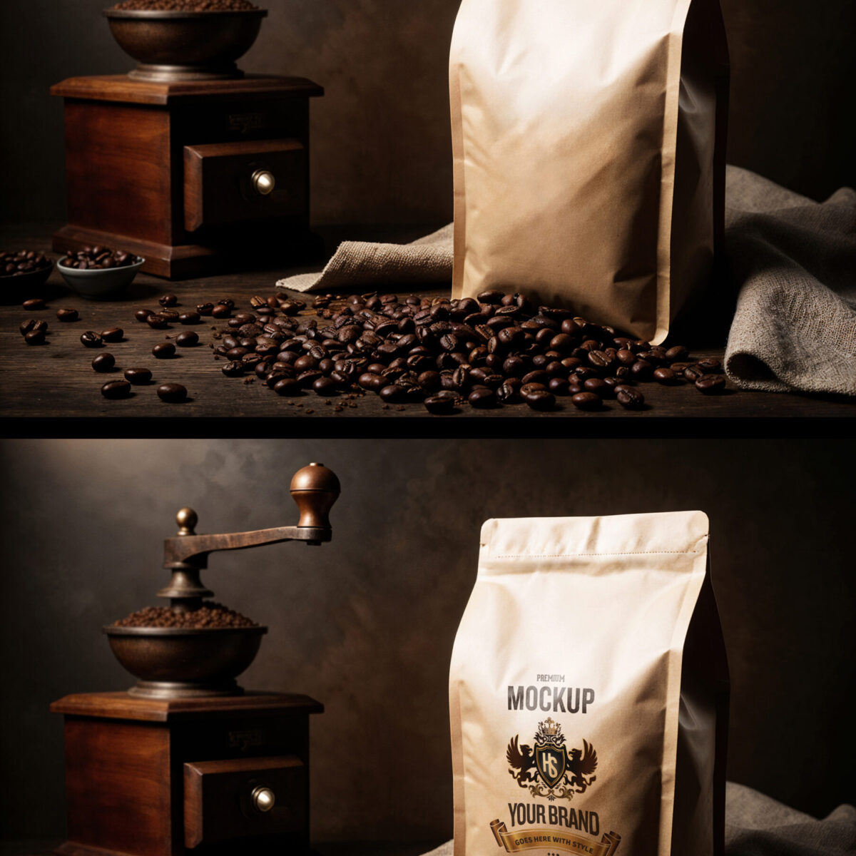 Coffee Packaging Mockup With Grinder And Beans In Rustic Dark Setting