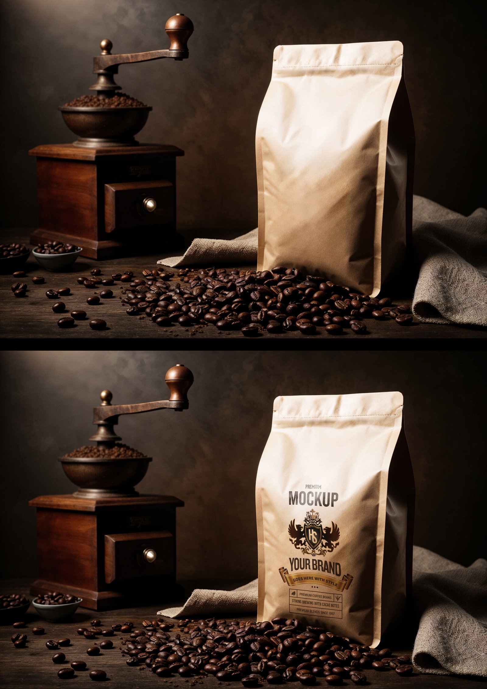 Coffee Packaging Mockup With Grinder And Beans In Rustic Dark Setting