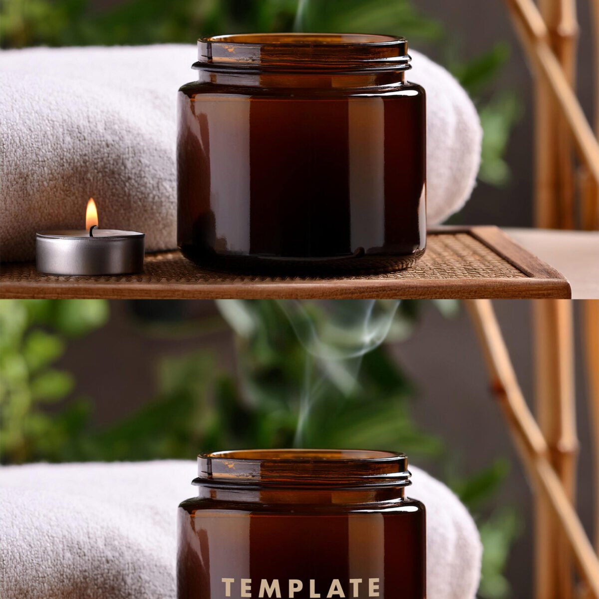 Dark Glass Candle Jar Mockup In A Wood Base And Bamboo Background