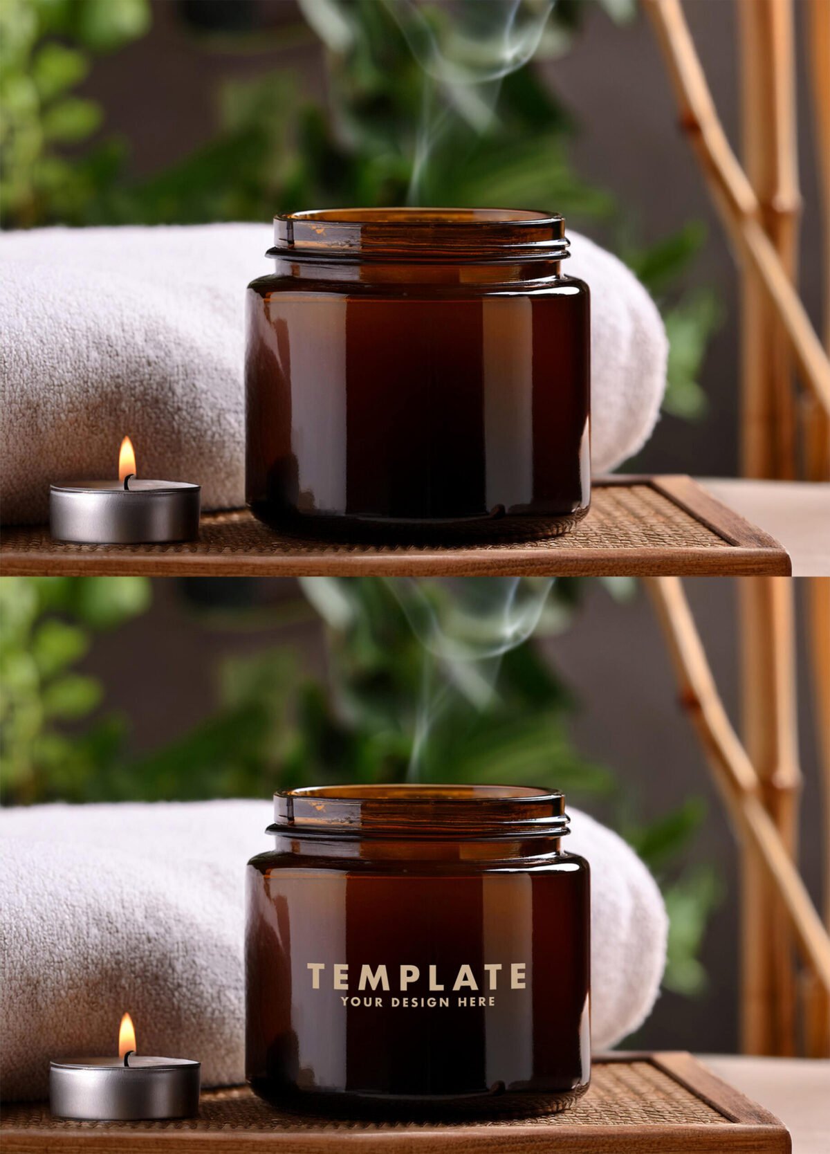 Dark Glass Candle Jar Mockup In A Wood Base And Bamboo Background
