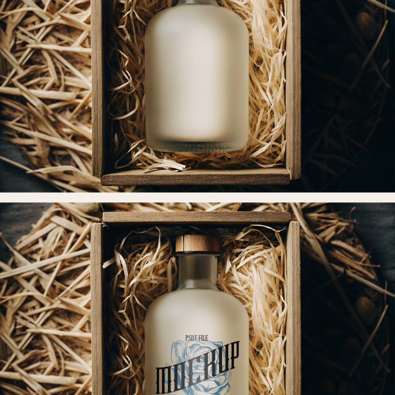 Frosted Glass Bottle Mockup In Rustic Wooden Box With Natural Straw And Vintage Eco Packaging Design