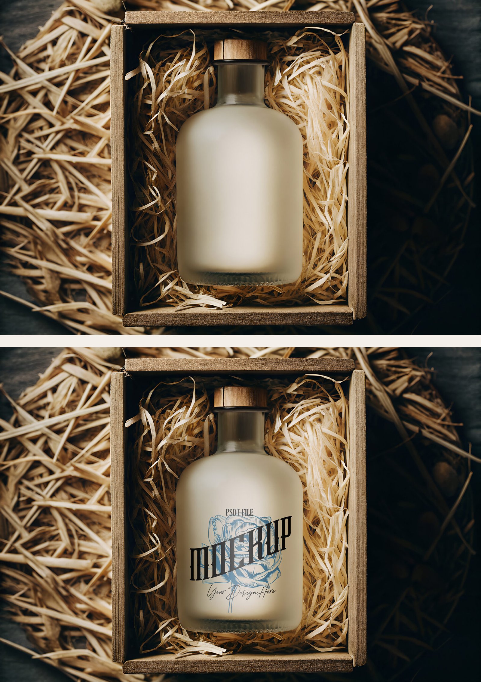 Frosted Glass Bottle Mockup In Rustic Wooden Box With Natural Straw And Vintage Eco Packaging Design