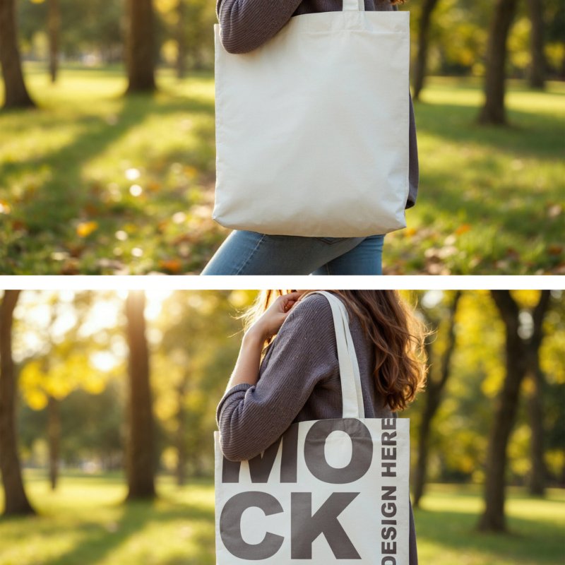 Mockup Of Woman Holding Blank Tote Bag In Park Setting