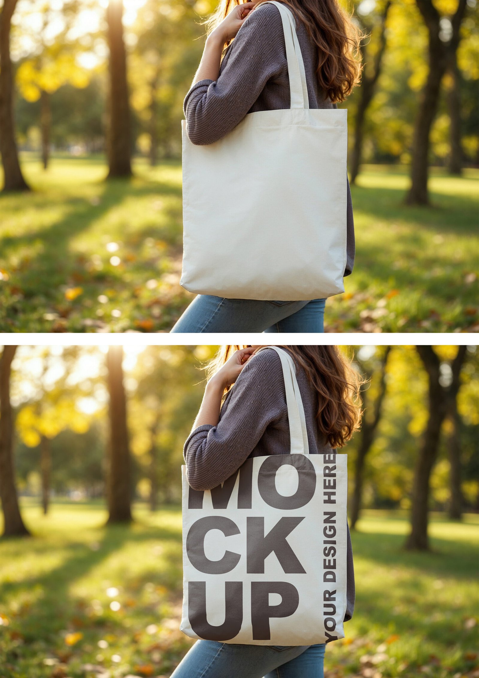 Mockup Of Woman Holding Blank Tote Bag In Park Setting