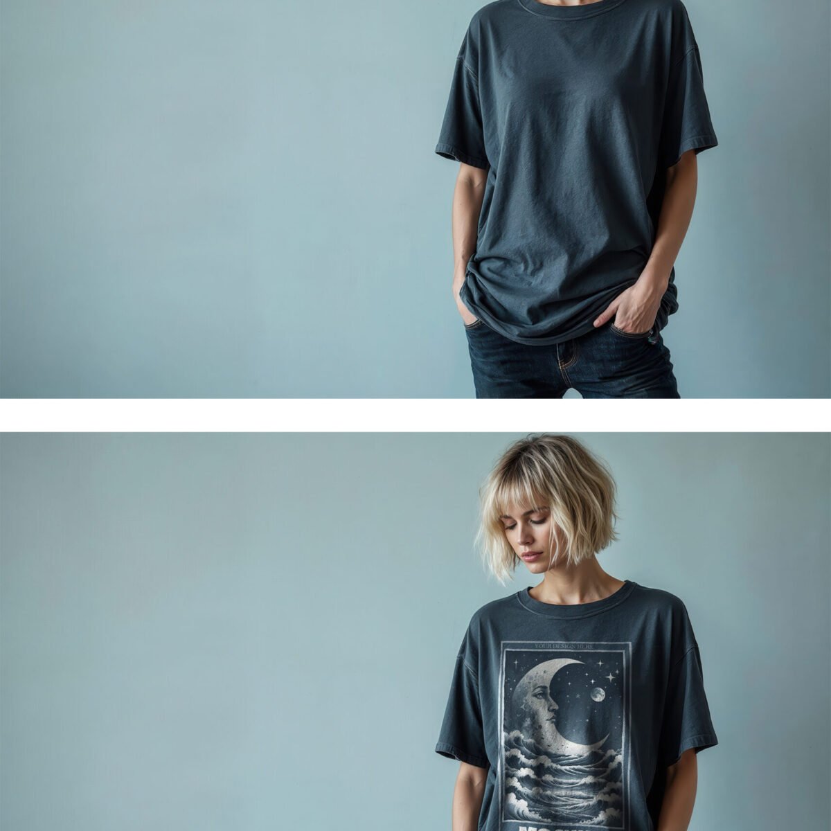 Oversized T Shirt Mockup With Vintage Washed Black Style with Editorial Settings Wall