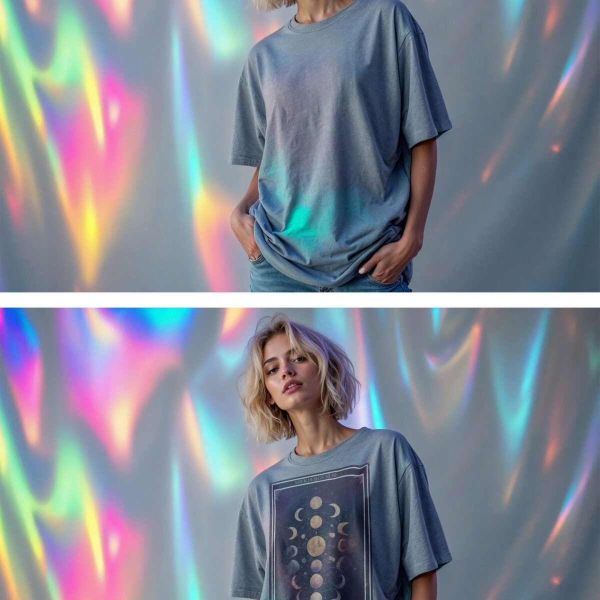 Oversized T Shirt Mockup On A Holographic Background with Editorial Setting