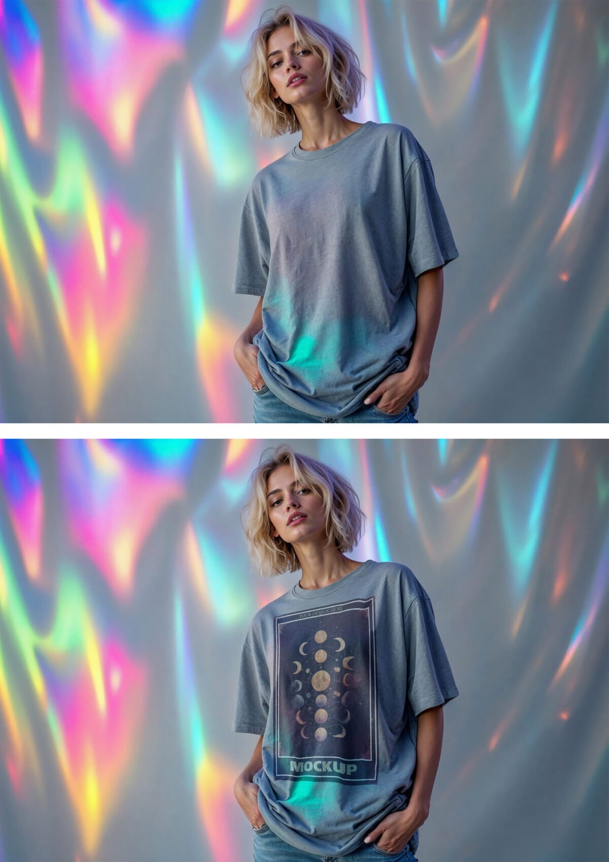 Oversized T Shirt Mockup On A Holographic Background with Editorial Setting