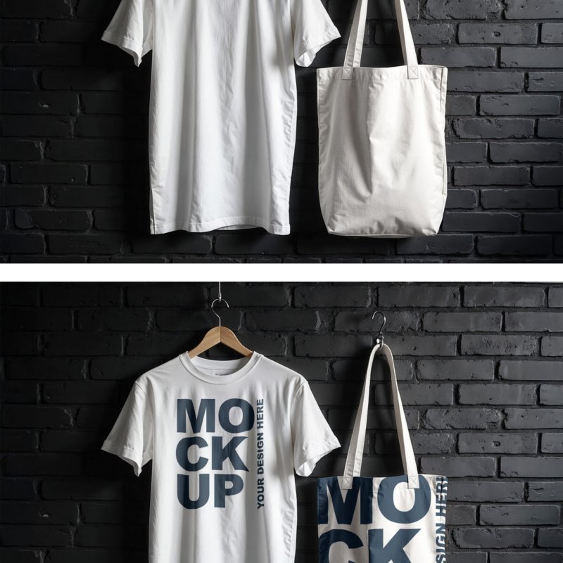 Realistic White T Shirt And Tote Bag Mockup On A Black Brick Wall