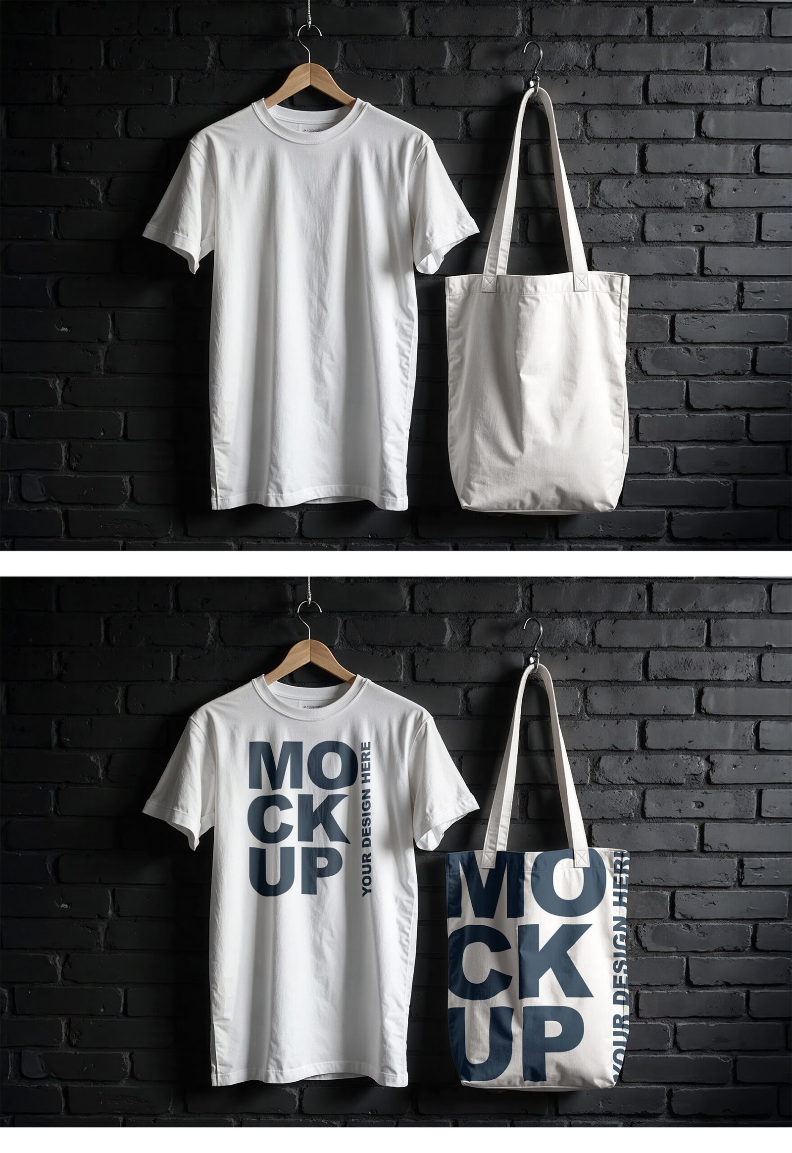 Realistic White T Shirt And Tote Bag Mockup On A Black Brick Wall