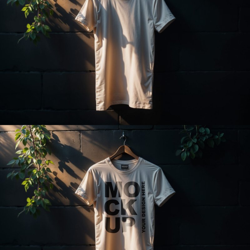 Simple Beige T-Shirt Mockup On A Black Wall With Plants and Natural Light