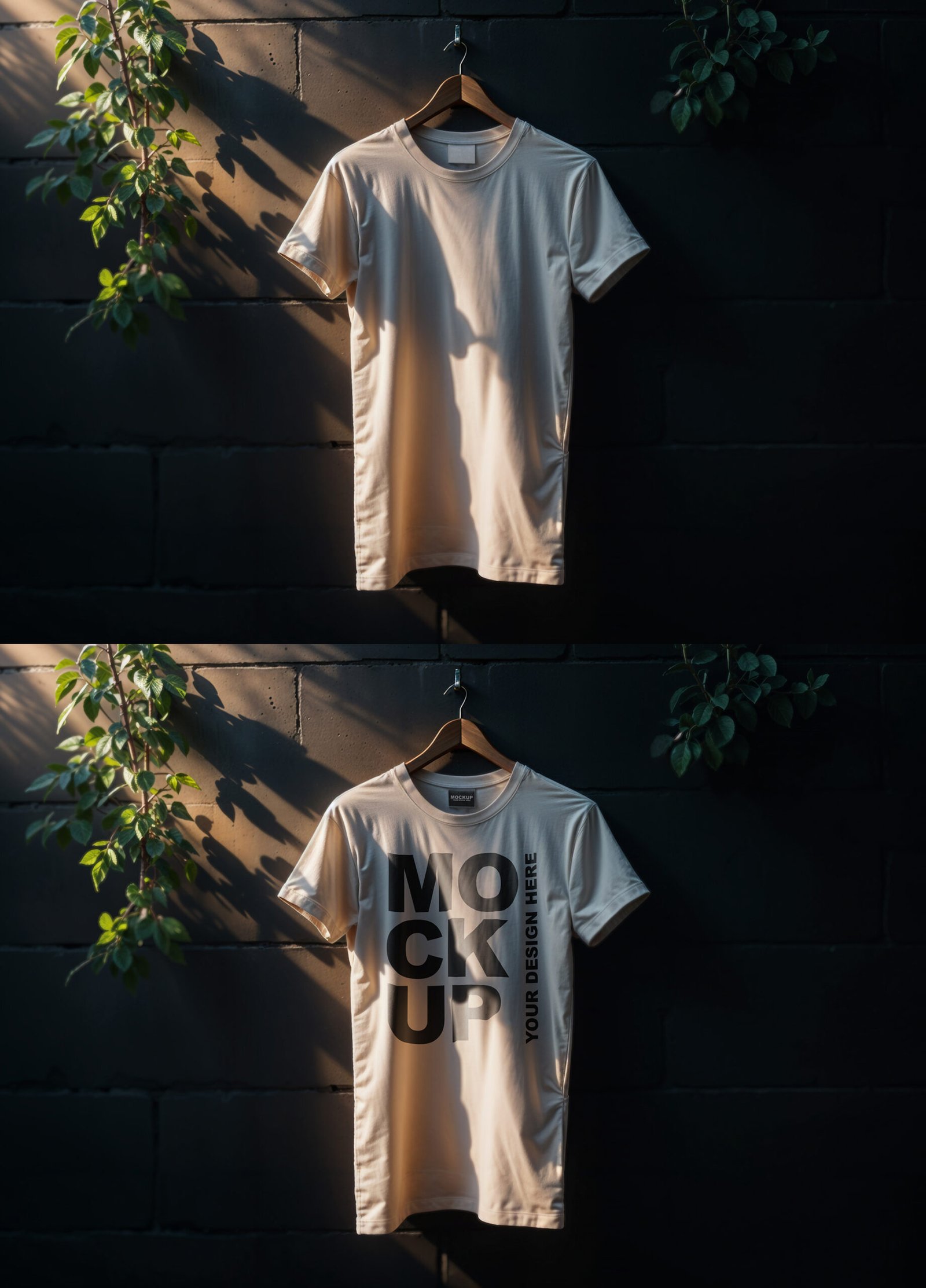 Simple Beige T-Shirt Mockup On A Black Wall With Plants and Natural Light