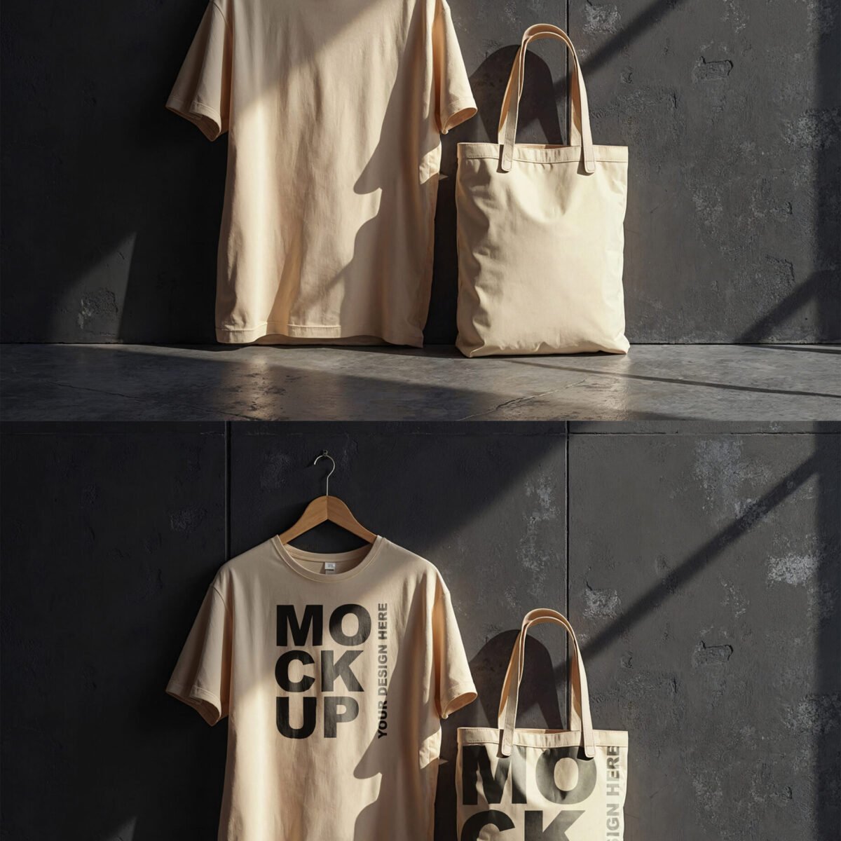 T Shirt And Tote Bag Mockups Contrasting On A Black Painted Grunge Wall