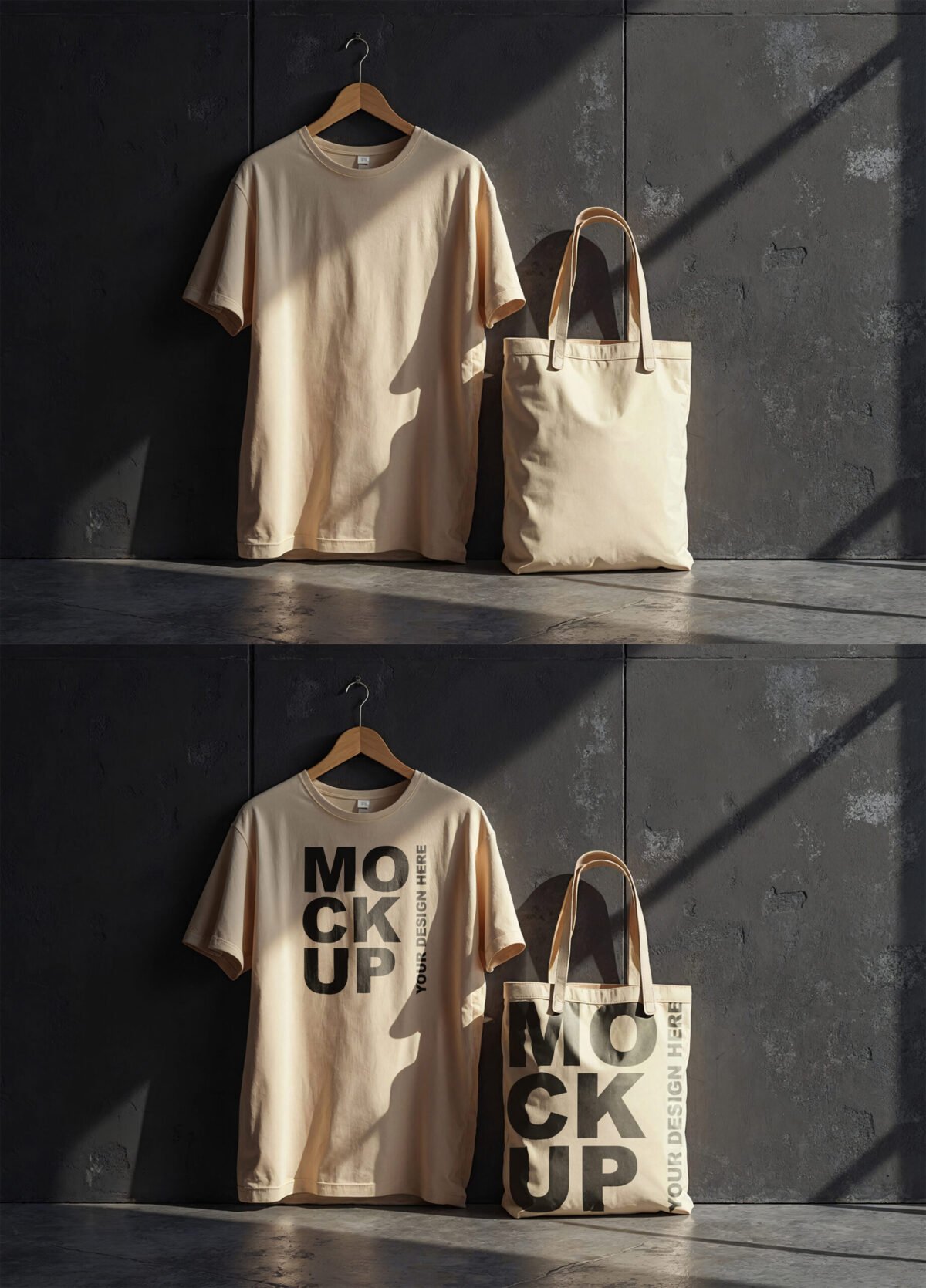 T Shirt And Tote Bag Mockups Contrasting On A Black Painted Grunge Wall