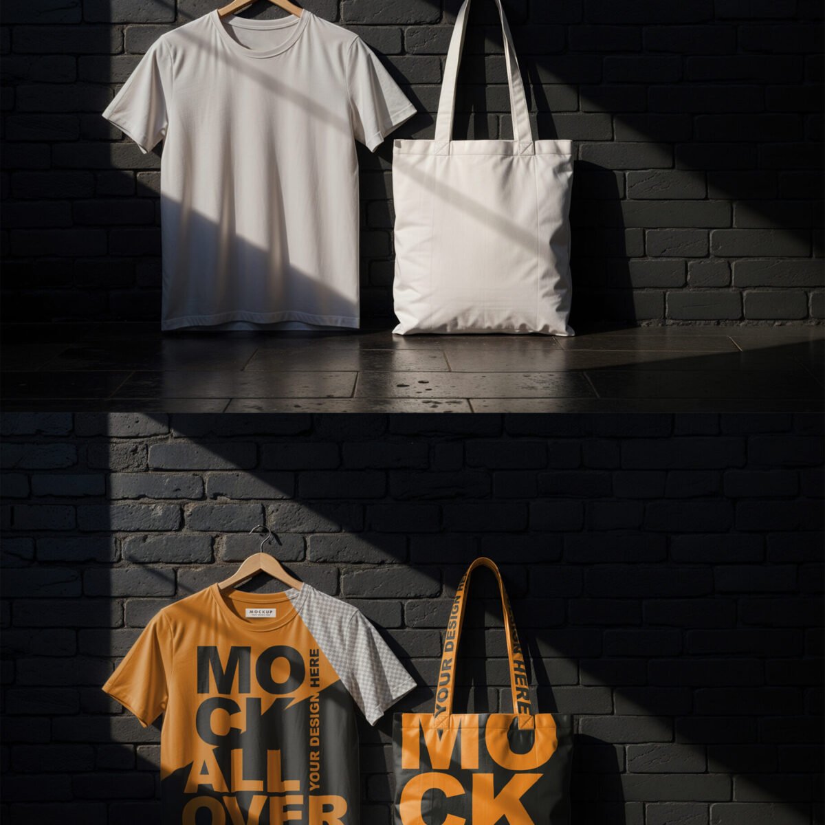White T-Shirt and Tote Bag Mockup On A Black Brick Wall