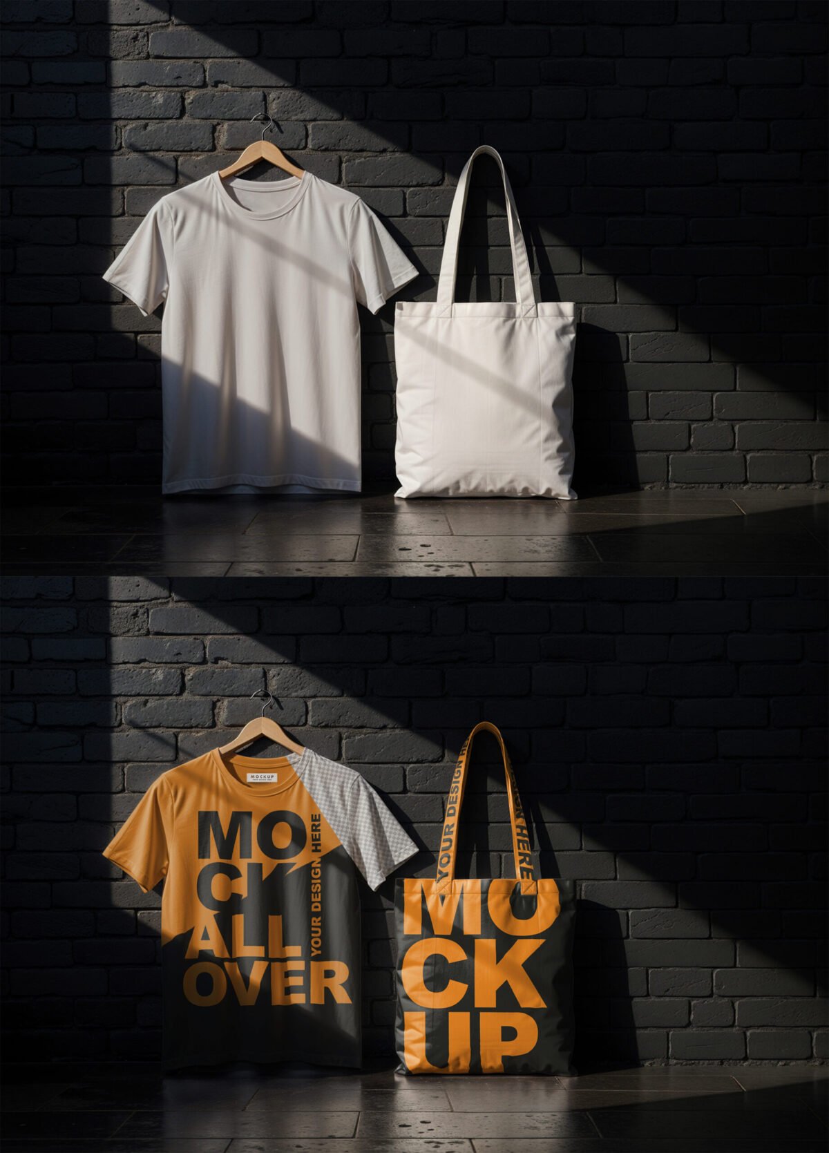 White T-Shirt and Tote Bag Mockup On A Black Brick Wall