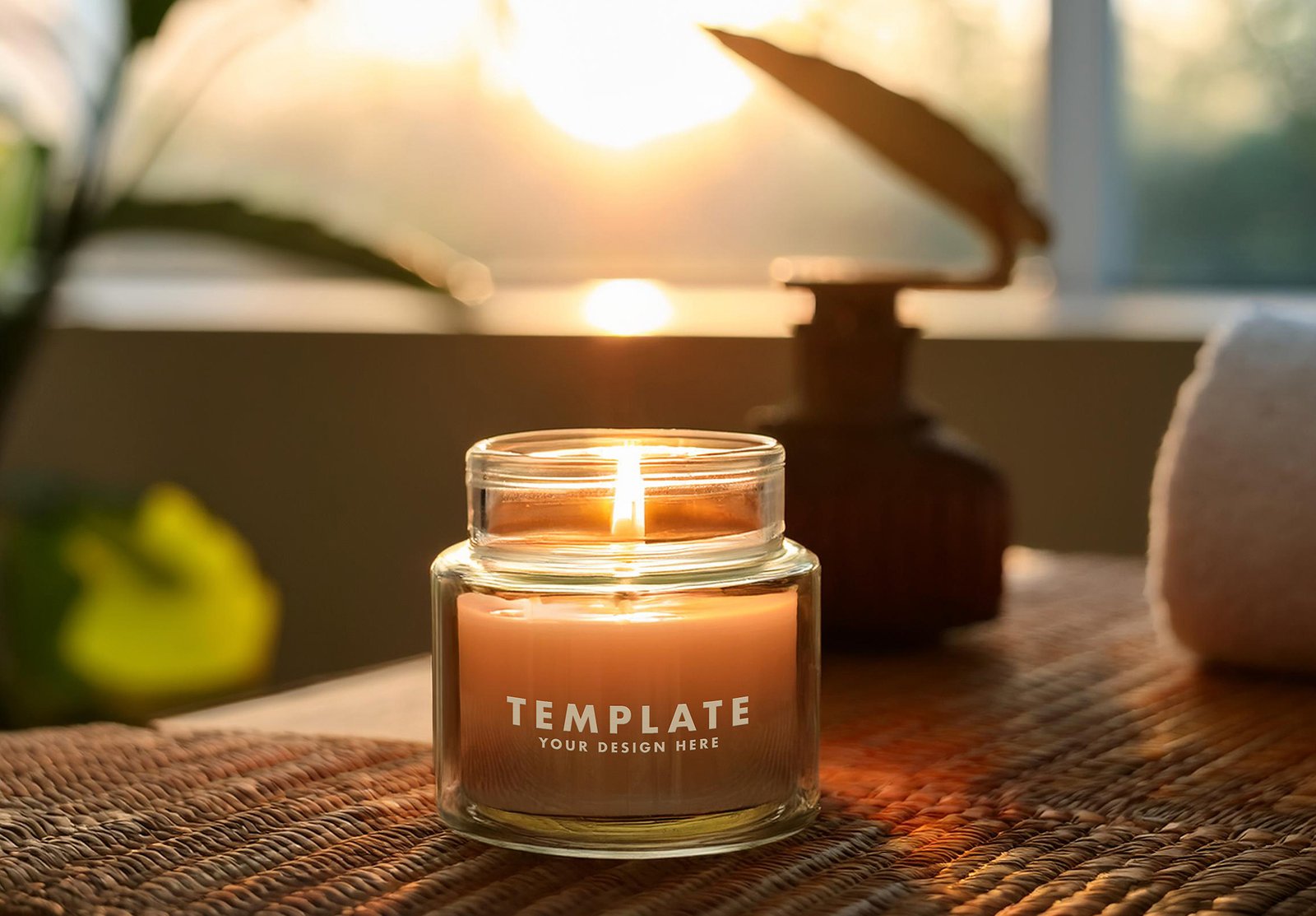Aromatic Candle Jar Mockup in a Spa in the Sunrise Light