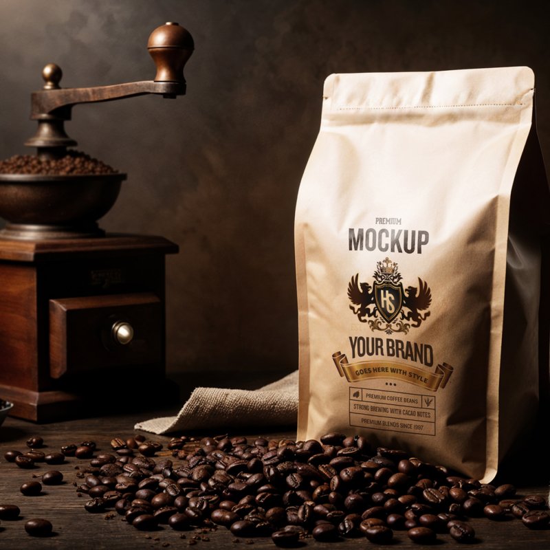 Coffee Packaging Mockup With Grinder And Beans In Rustic Dark Setting