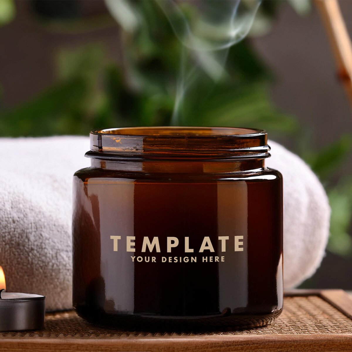 Amber glass candle jar mockup on bamboo spa background