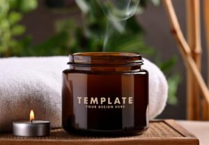 Amber glass candle jar mockup on bamboo spa background