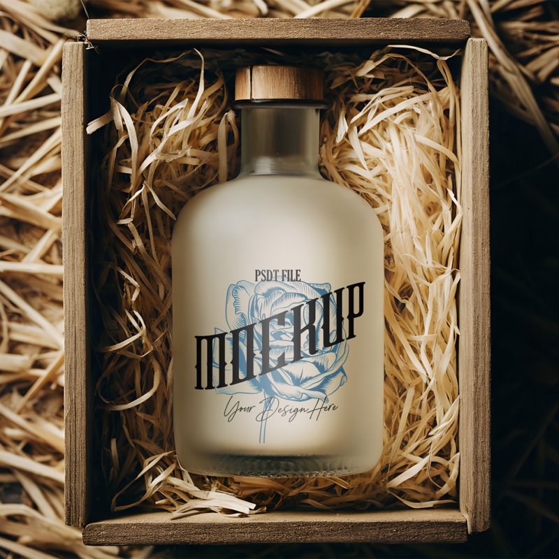 Frosted Glass Bottle Mockup In Rustic Wooden Box With Natural Straw And Vintage Eco Packaging Design