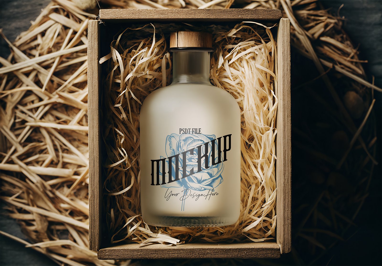 Frosted Glass Bottle Mockup In Rustic Wooden Box With Natural Straw And Vintage Eco Packaging Design