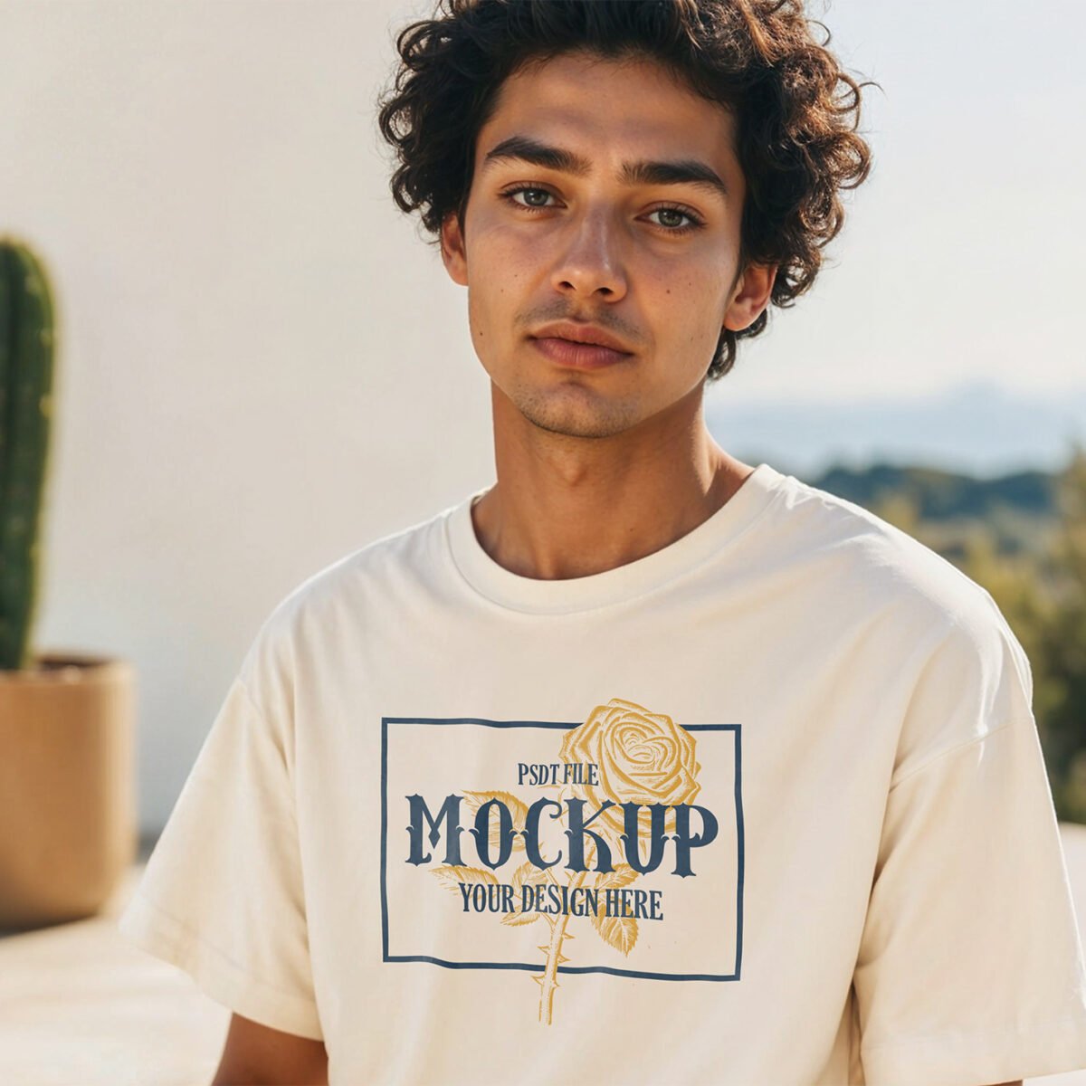realistic PSD men’s t-shirt mockup with model