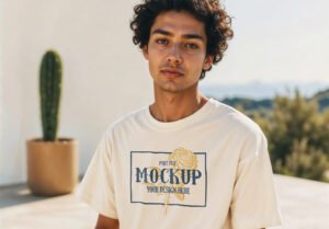 realistic PSD men’s t-shirt mockup with model