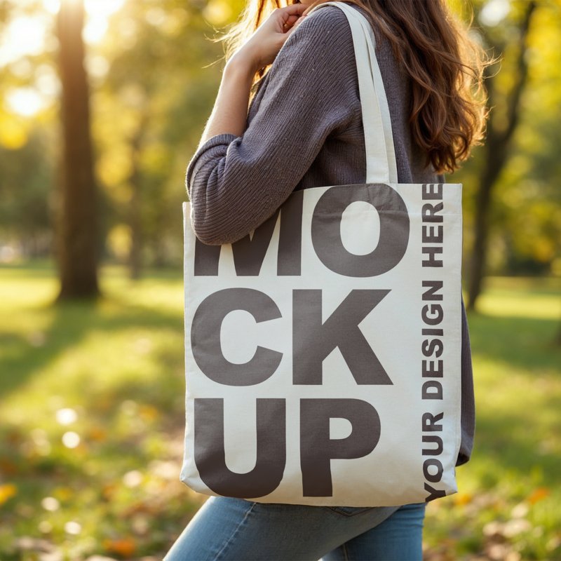 Mockup Of Woman Holding Blank Tote Bag In Park Setting