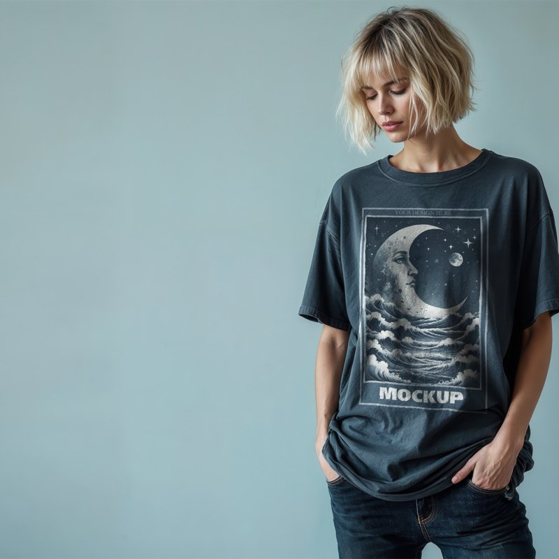 Oversized T Shirt Mockup With Vintage Washed Black Style with Editorial Settings