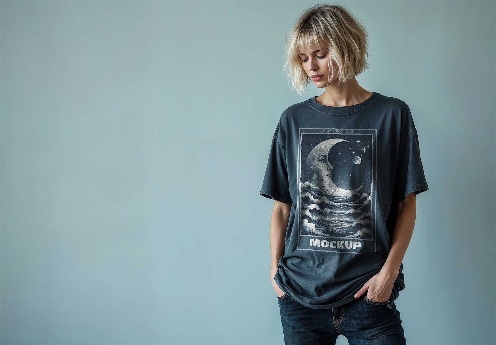 Oversized T Shirt Mockup With Vintage Washed Black Style with Editorial Settings
