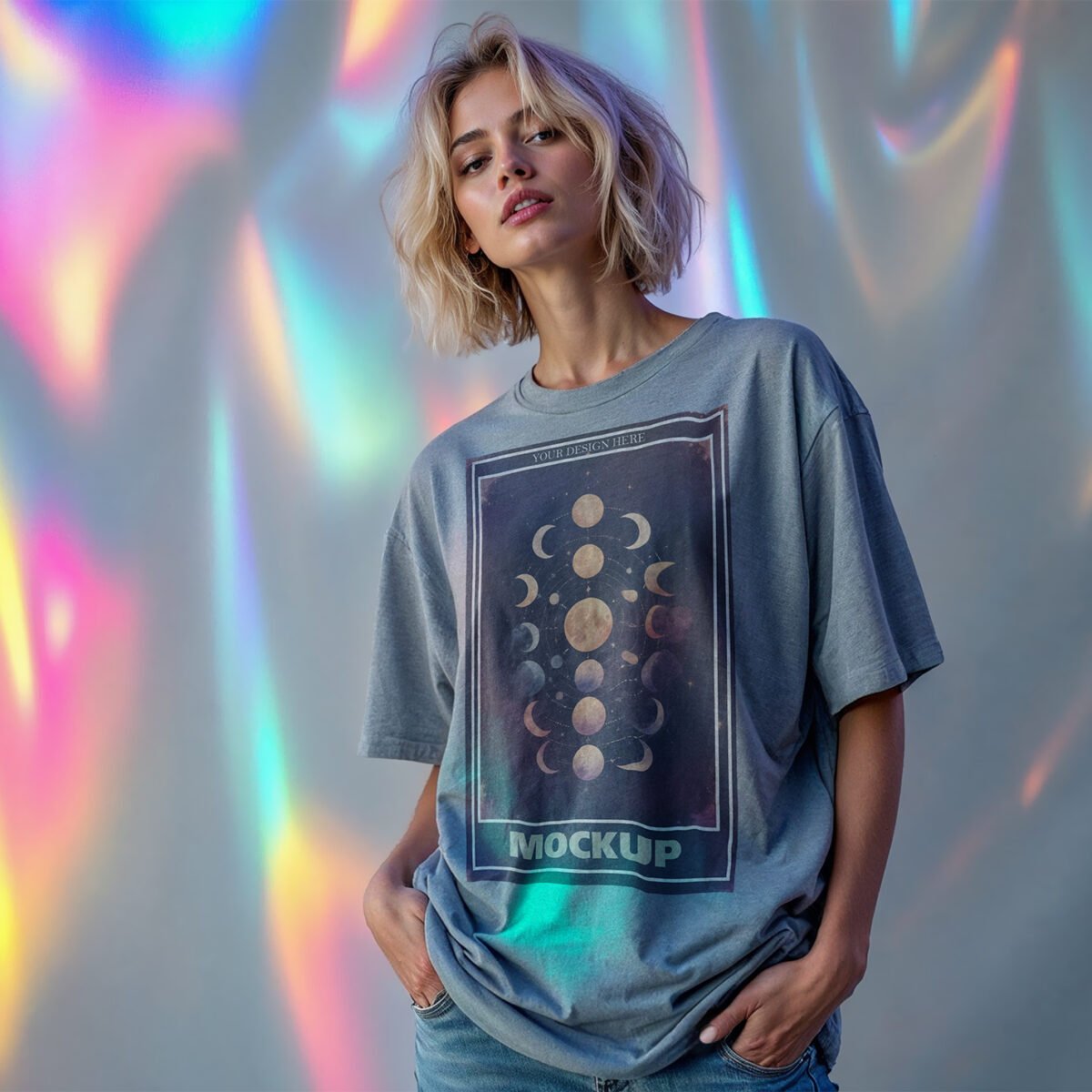 Oversized T Shirt Mockup On A Holographic Background with Editorial Setting