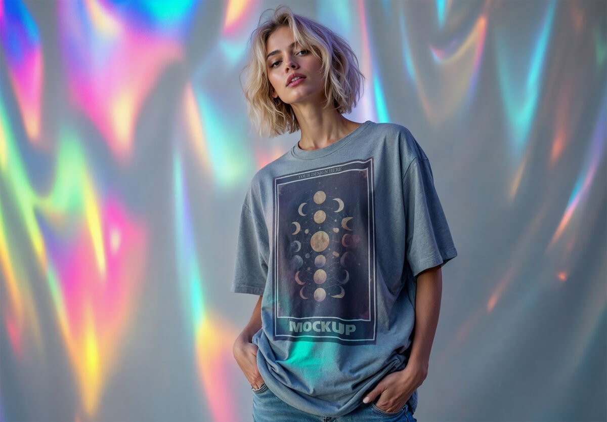 Oversized T Shirt Mockup On A Holographic Background with Editorial Setting
