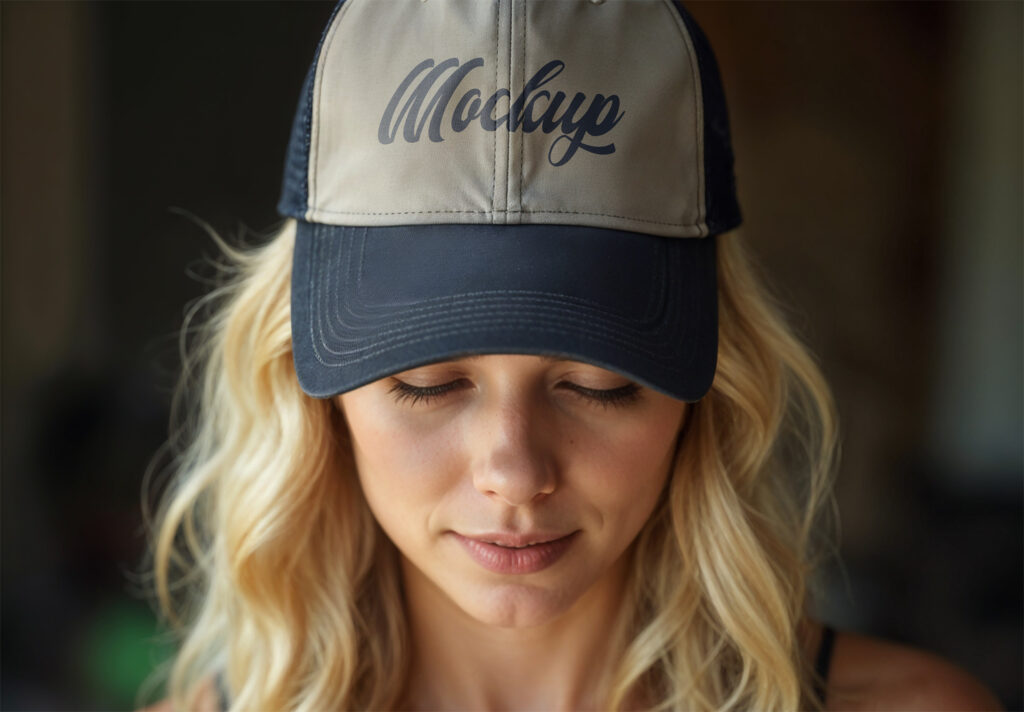 Realistic-Trucker-Hat-Mockup-on-Blonde-Woman-Front-View