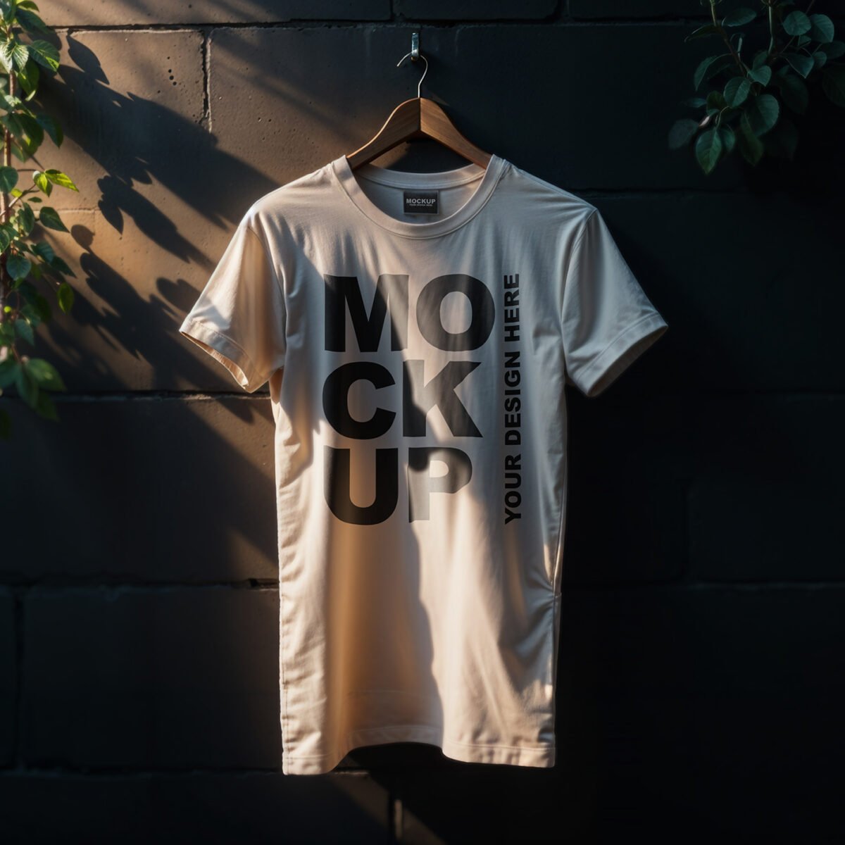 Simple Beige T-Shirt Mockup On A Black Wall With Plants and Natural Light