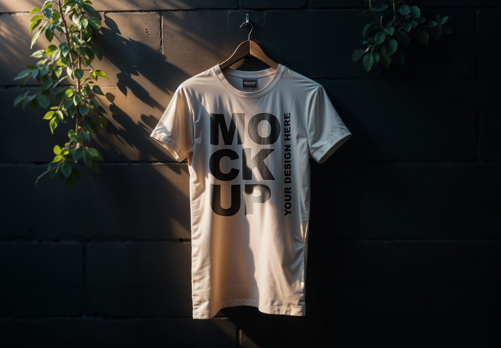 Simple Beige T-Shirt Mockup On A Black Wall With Plants and Natural Light
