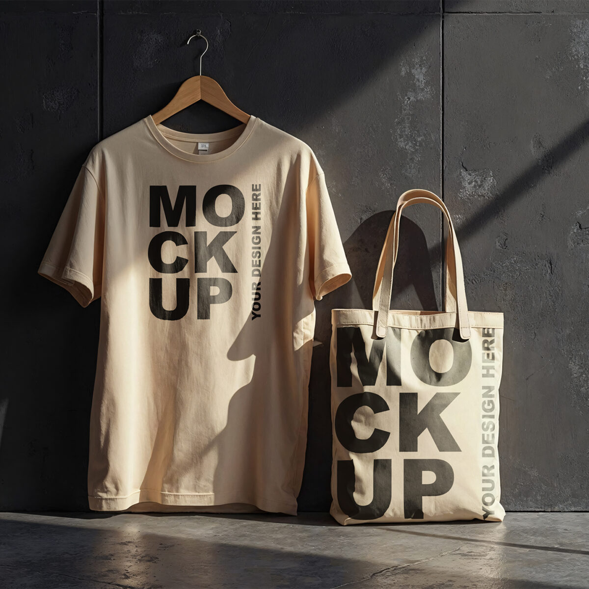 T Shirt And Tote Bag Mockups Contrasting On A Black Painted Grunge Wall