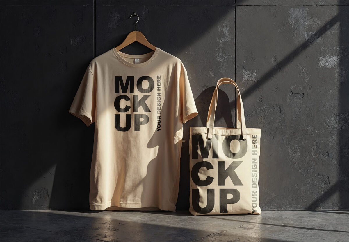 T Shirt And Tote Bag Mockups Contrasting On A Black Painted Grunge Wall