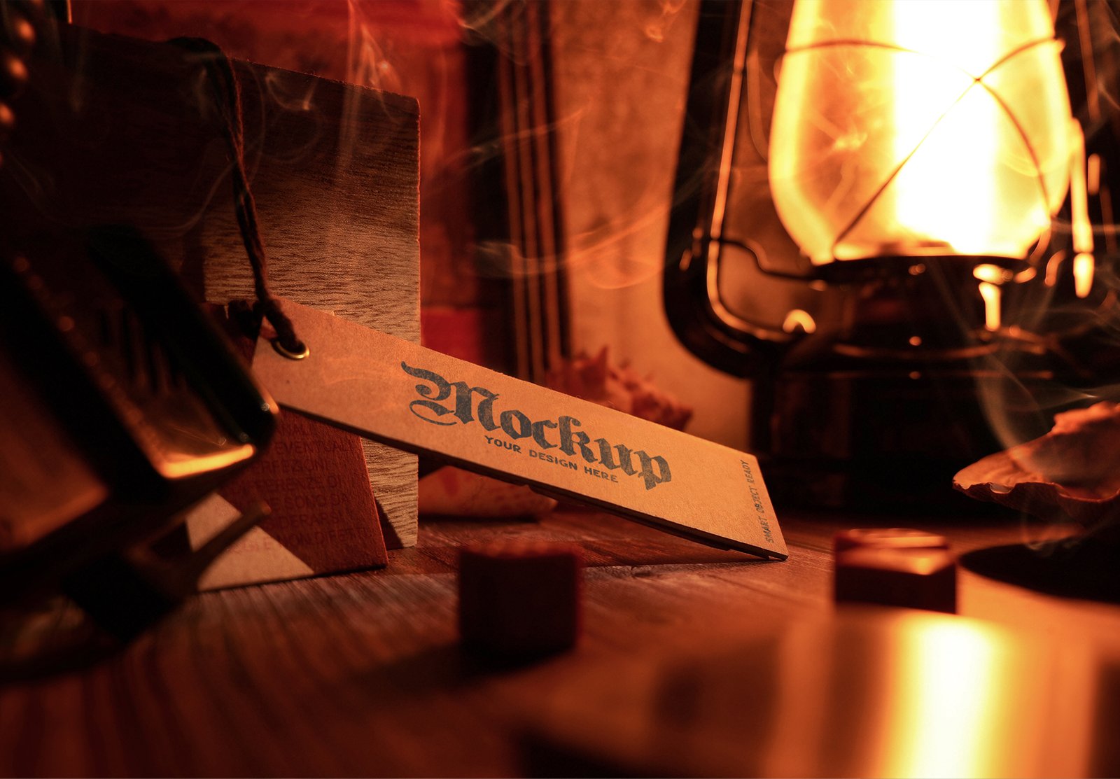 thumbnail The Old Paper Label Mockup in the Wood Pirates Table Ready to Play Pocker with Shells and Sea Ornaments on Candles Light thumbnail