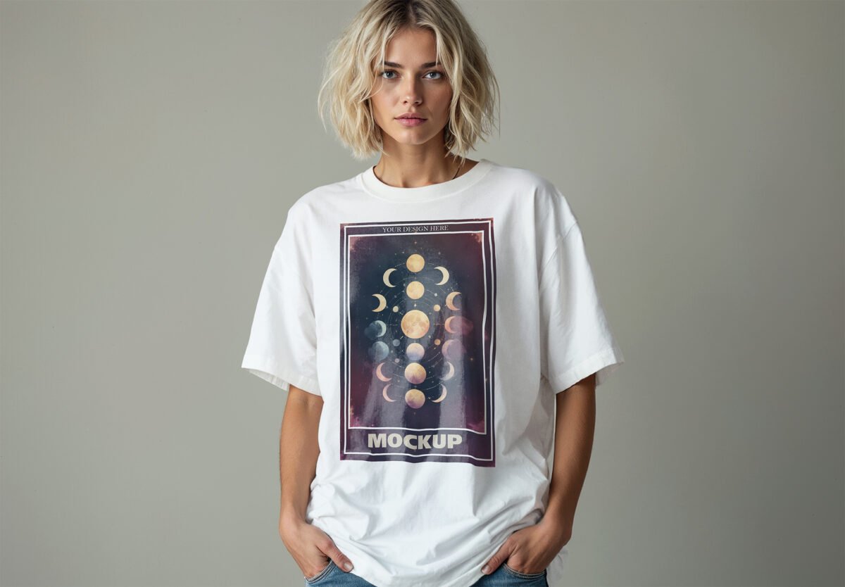 Top Model Wearing An Oversized White T-Shirt Mockup with Editorial Setting