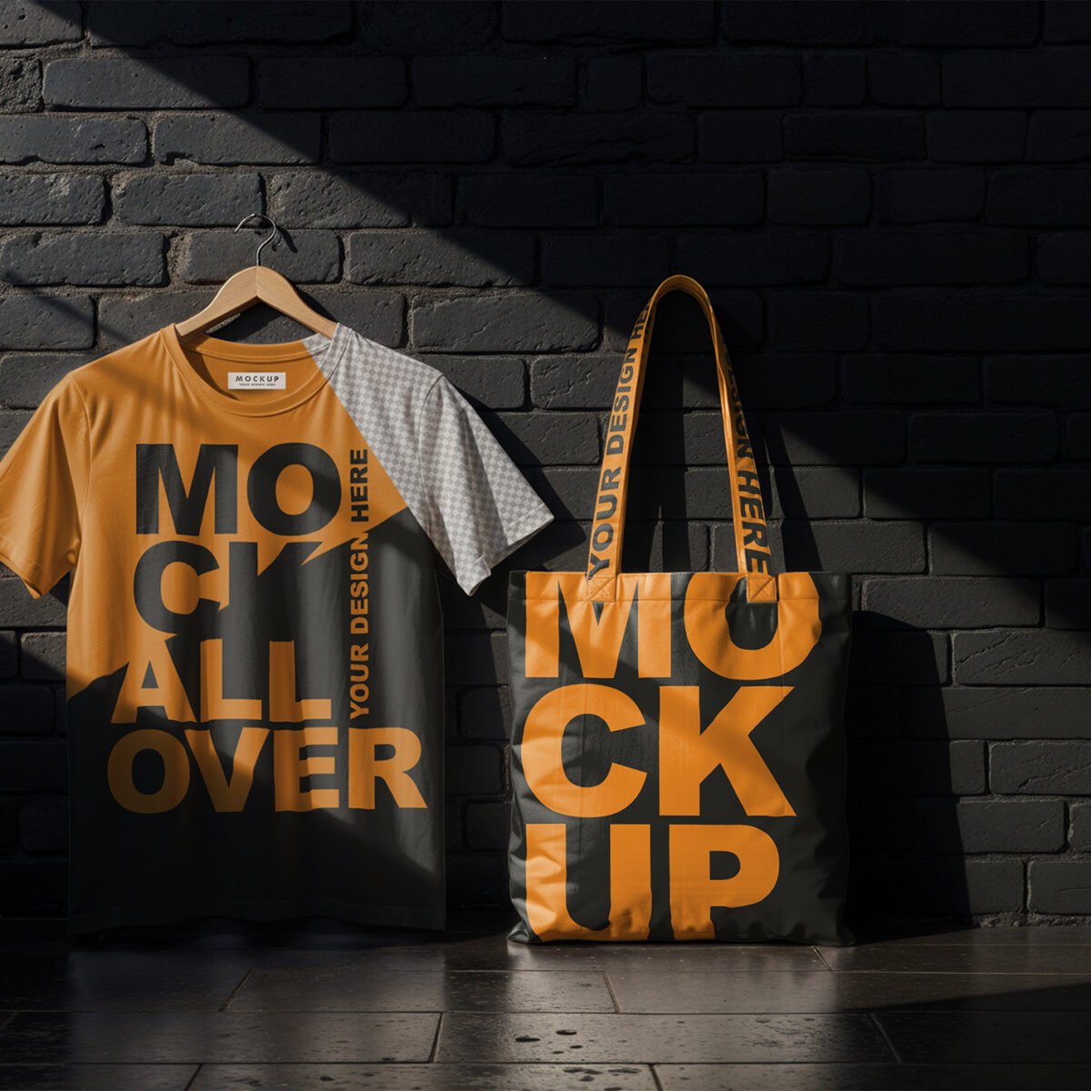 White T-Shirt and Tote Bag Mockup On A Black Brick Wall
