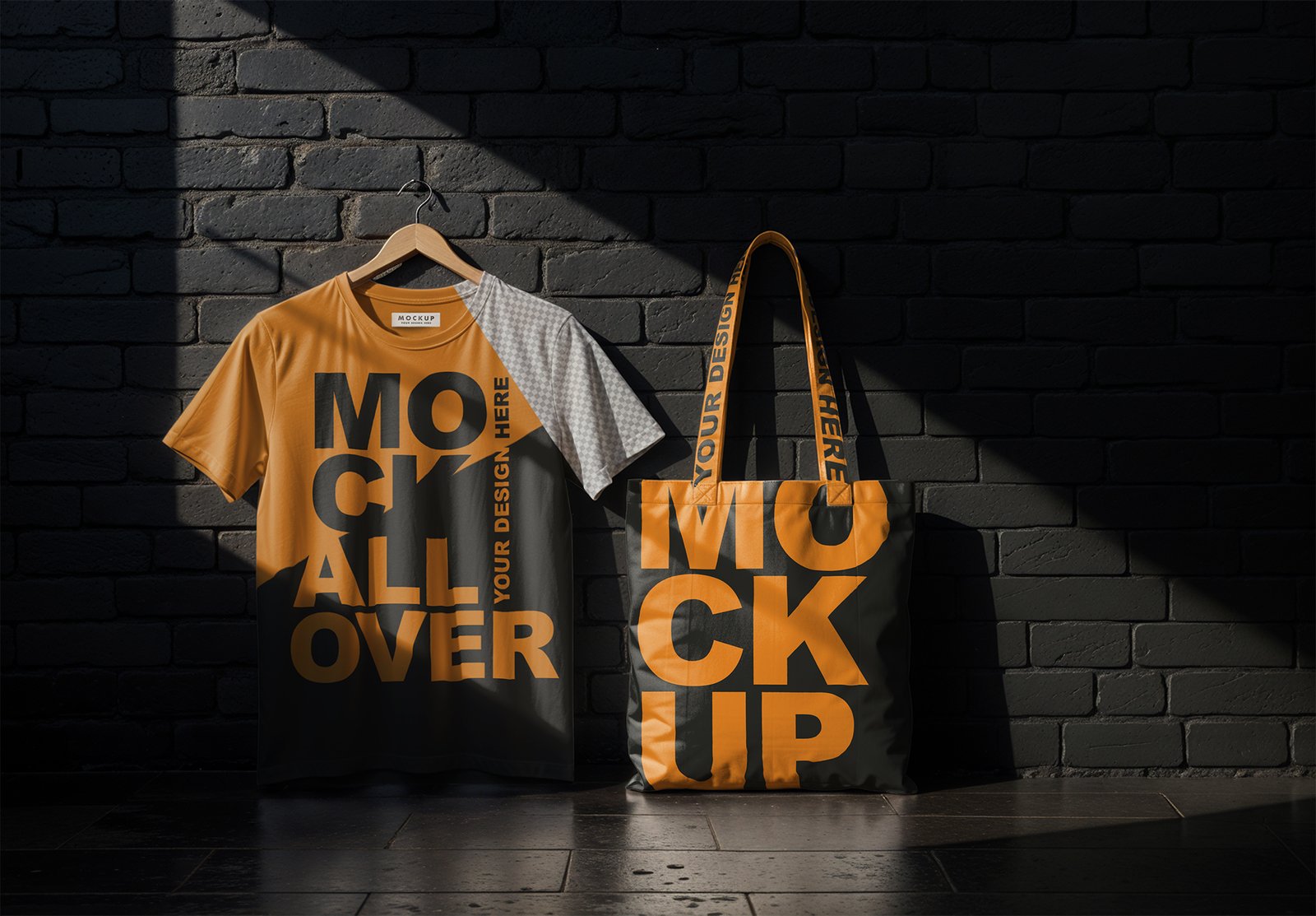 White T-Shirt and Tote Bag Mockup On A Black Brick Wall